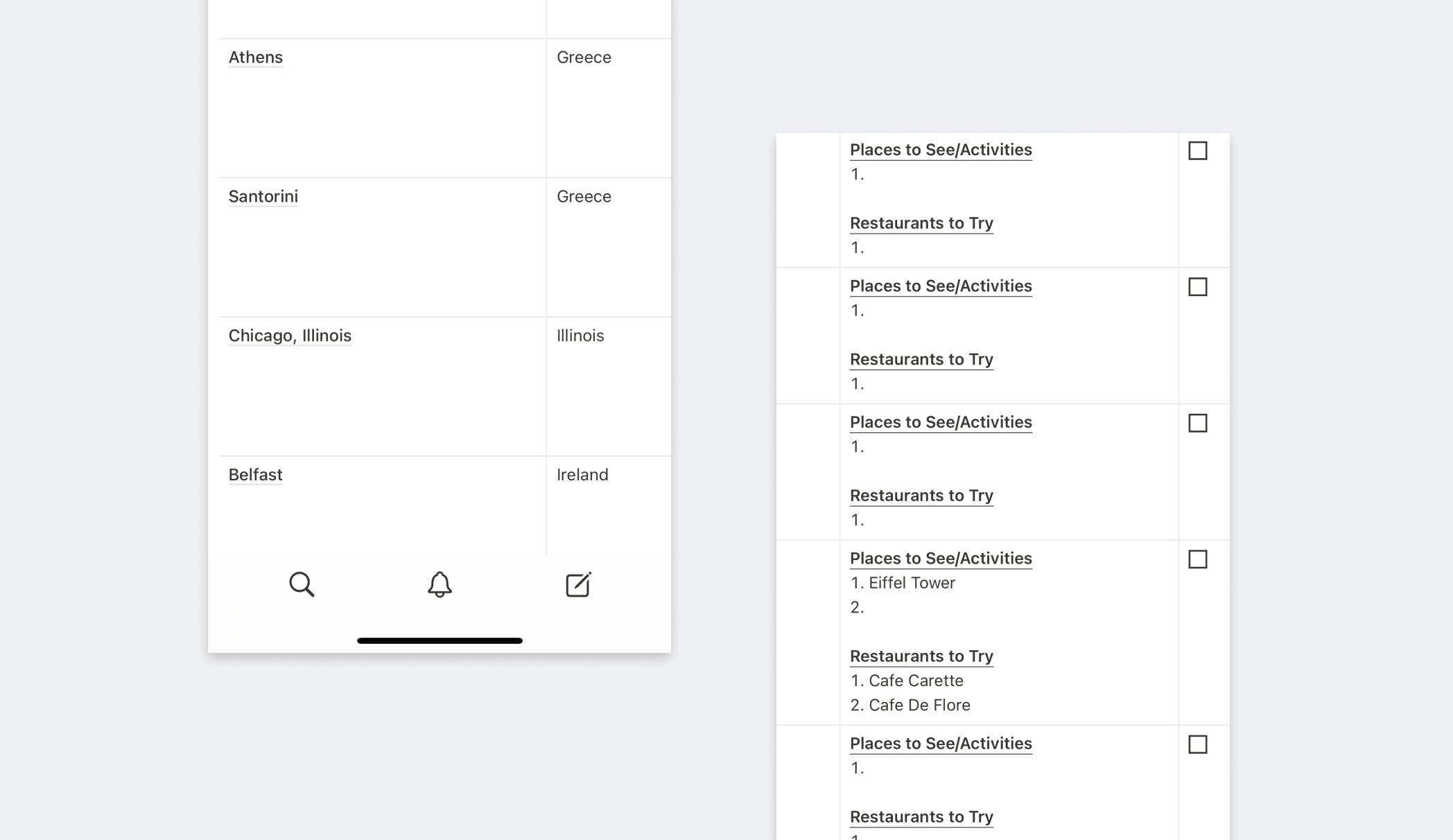 Two screenshot panels placed side by side. The left panels shows a list of cities and the county or U.S. state they are located in. The first panel shows another side of the spreadsheet, which includes a list of places to see and restaurants to try for each city.