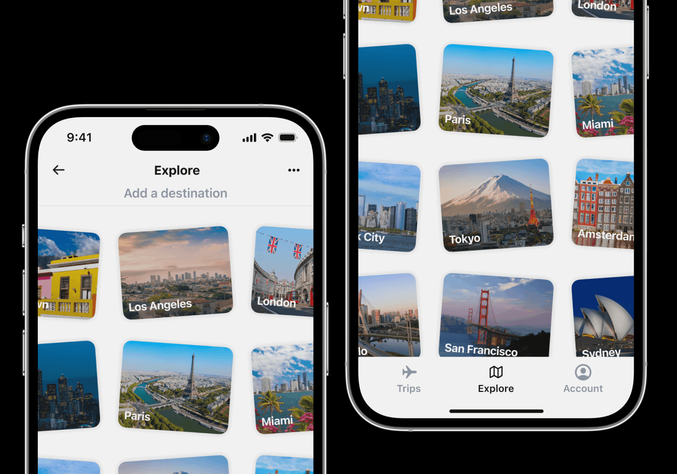 Photo of the Explore screen in Chronacle. In its empty state, there is a grid of tilted photos of different cities. Each photo has a hero image of the respective city and its name at the bottom. There is a header bar at the top that says Explore, and says 'Add a destination' in grey underneath it.