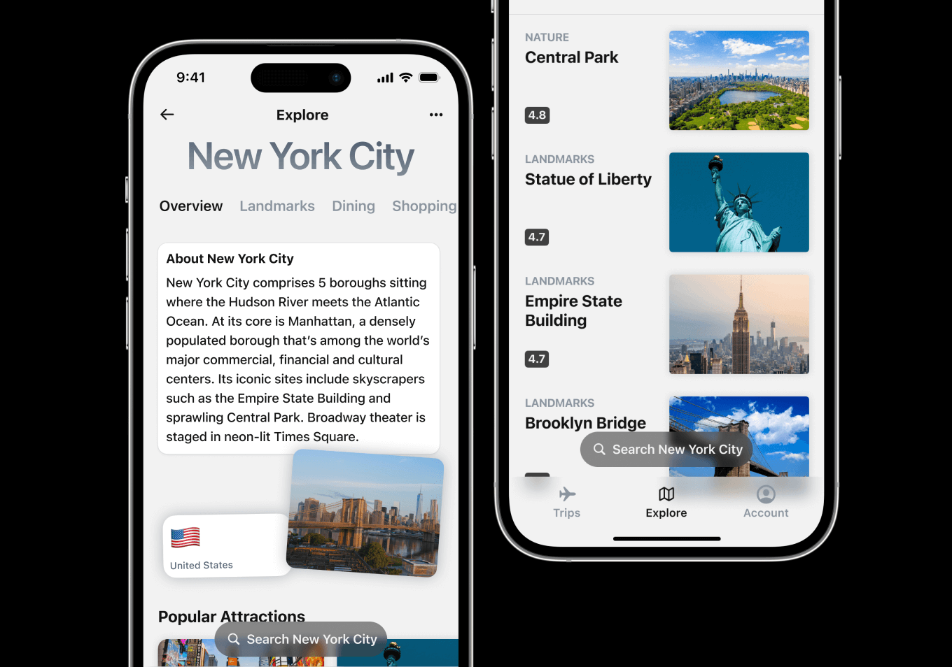Two iPhone screens side by side, the first of which says New York City and provides an overview of New York alongside a small photo of the skyline. The second screen has a list of New York landmarks, each with a photo and rating out of 5.