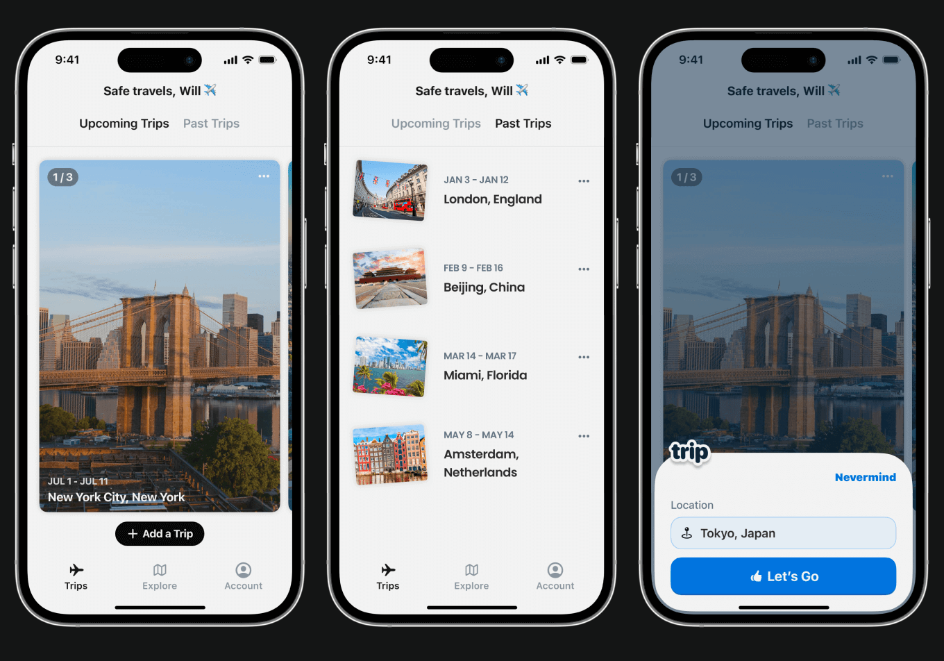 Three iPhone mockups. The first shows an example of a location card, which has a photo and the trip dates. The second shows a list of small location cards representing the user's previous trips. The third shows New Trip modal, and the user has Tokyo, Japan in the search field.