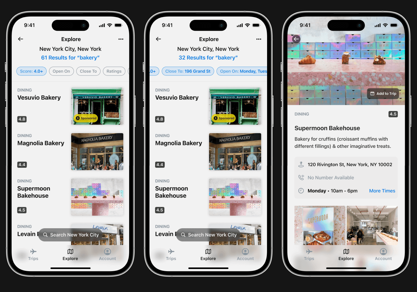 Three iPhone mockups. The first and second mockups show the Search page for places in a given location; the results include a list of places users can select to learn more about, and multiple filters for refinement. The last mockup is an example of a specific establishment's info page; the page includes a description, address, contact info, and photos.