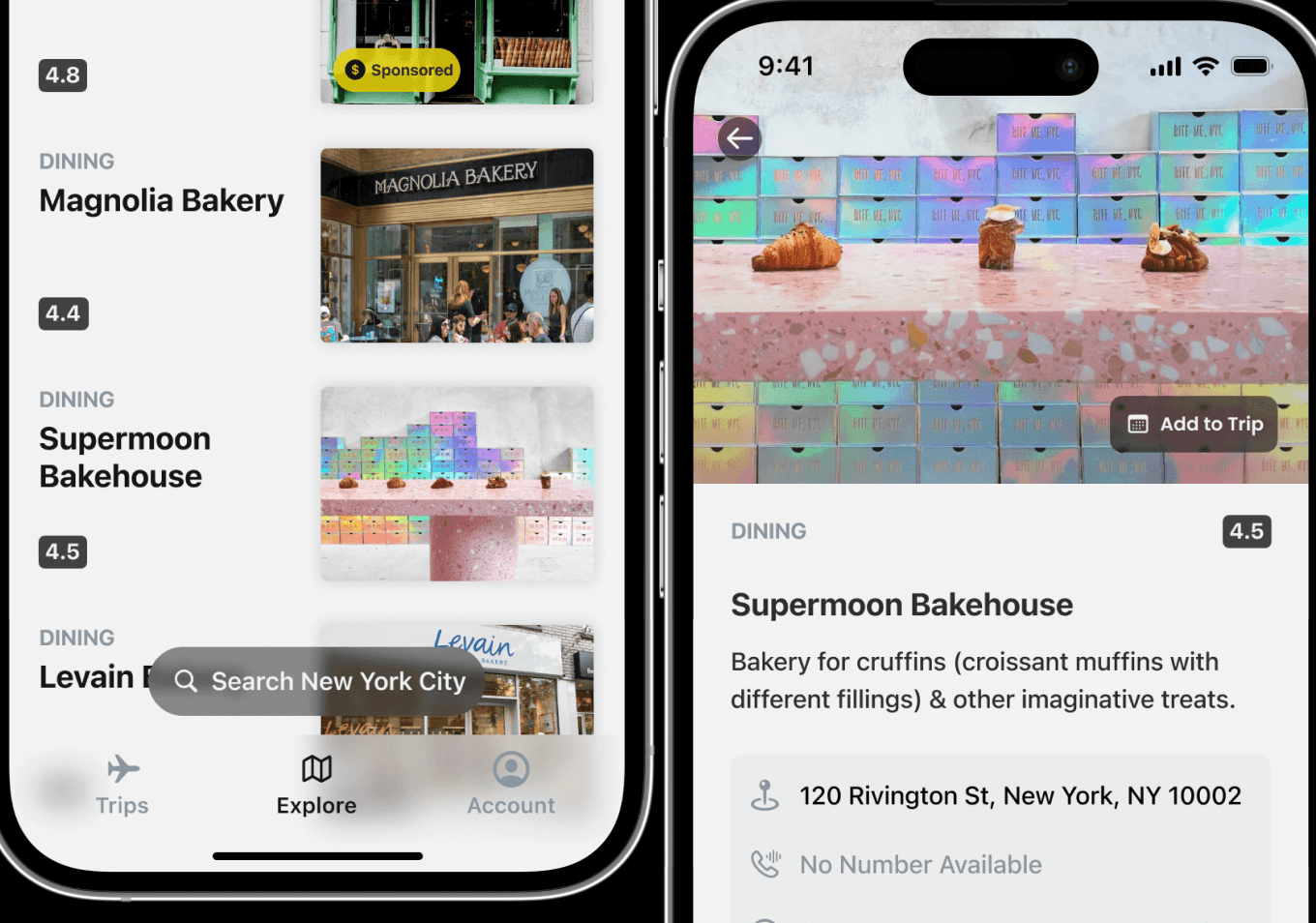 Two iPhone mockups. The first shows the Search page for places in a given location; results include a list of places and filters for refinement. The other mockup shows a specific establishment's page, including a description, address, contact info, and photos.