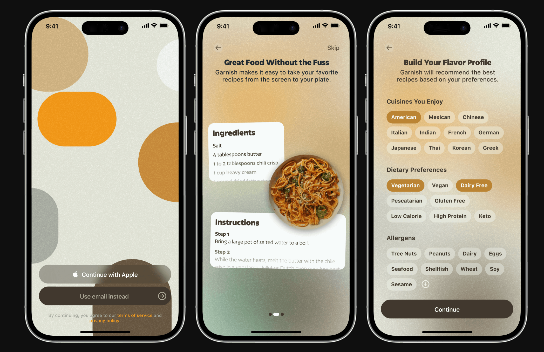 The image shows three iPhone screens displaying a cooking app named Garnish. The first screen prompts the user to sign in using Apple or email. The second screen presents a recipe with ingredients and instructions, along with a picture of a pasta dish. The third screen allows users to customize their flavor profile by selecting preferred cuisines, dietary preferences, and allergens. The app aims to recommend recipes based on user preferences.