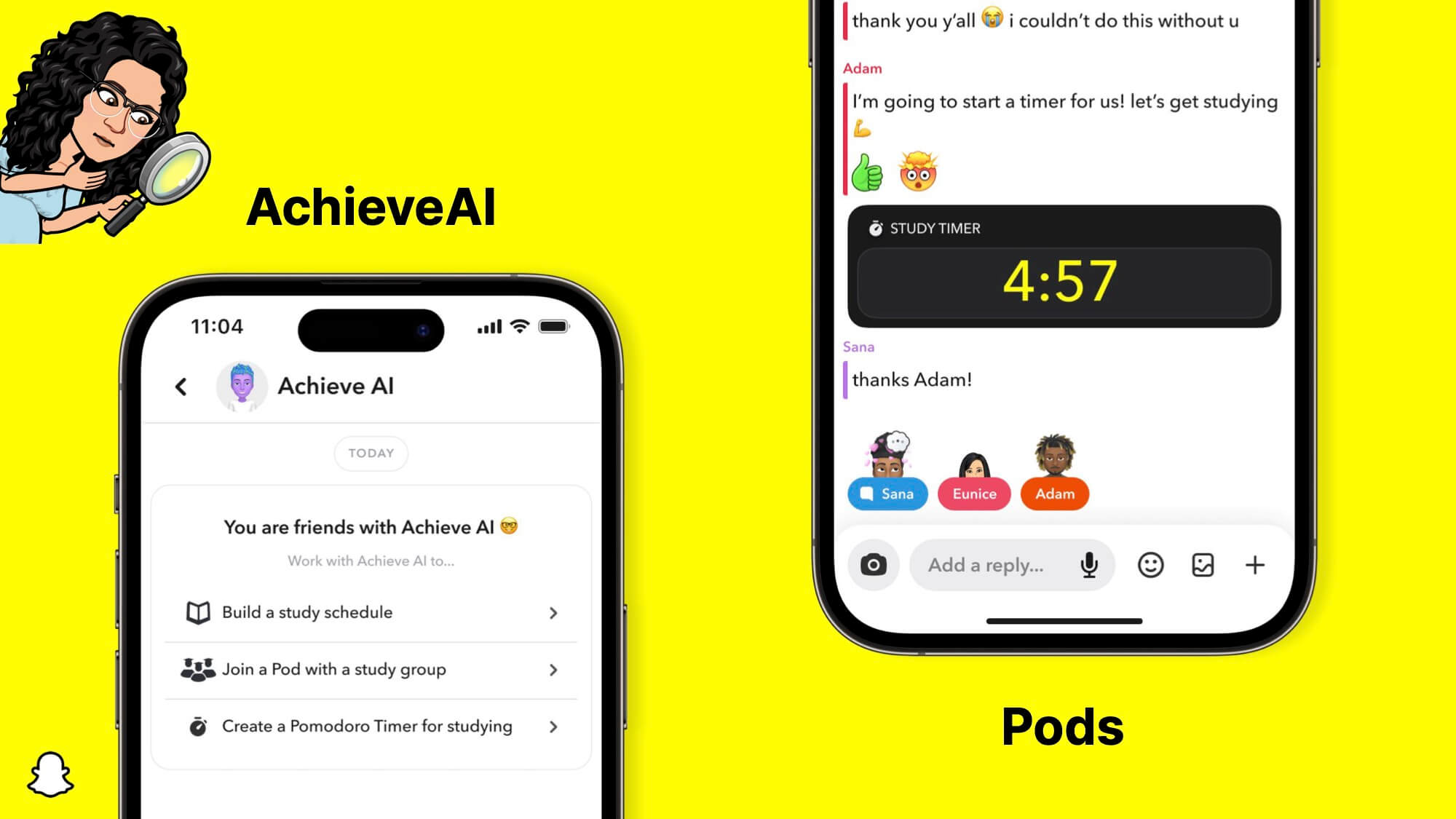 Slide with mockups of Achieve AI and Pods. The Achieve AI mockup shows a prompt component that allows a user to choose something the AI can help them with. The Pods one shows a Pomodoro Timer within the Pods chat screen.