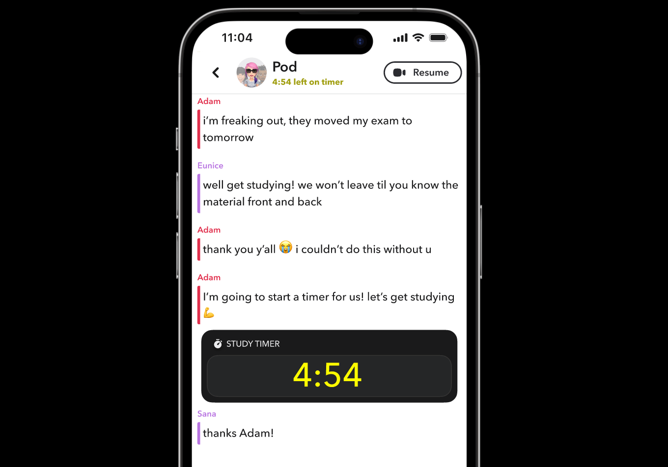 iPhone screen showing the chat portion of a Pod. Multiple users are talking about studying, and one of them starts a study timer within the chat for everyone to follow while studying.