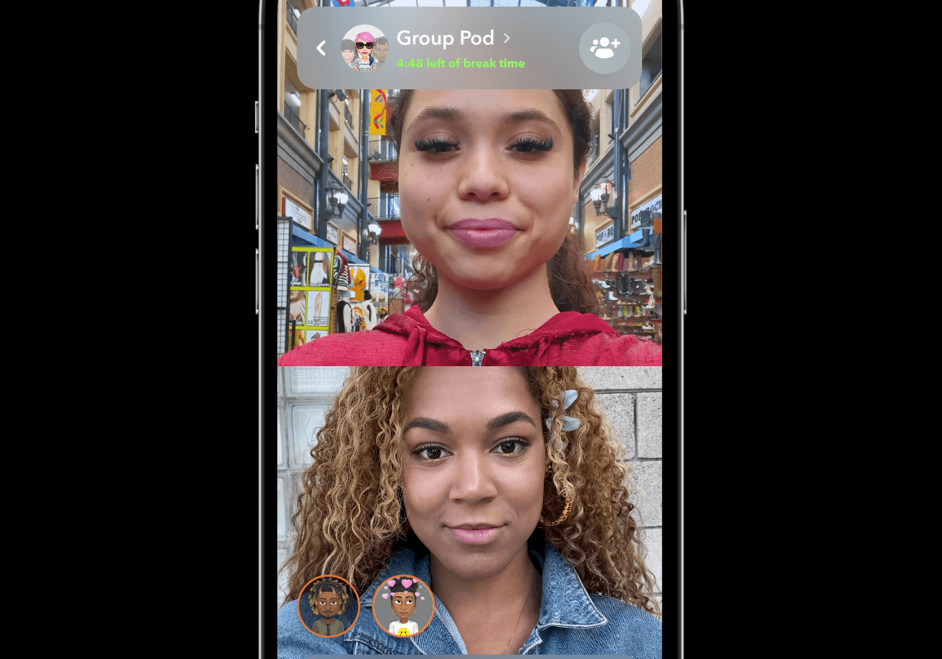 iPhone screen showing the video portion of a Pod. The members of the pod are on a break, and there is 4 minutes and 48 seconds of time left in the break. Two users are present on video on the screen speaking to each other.