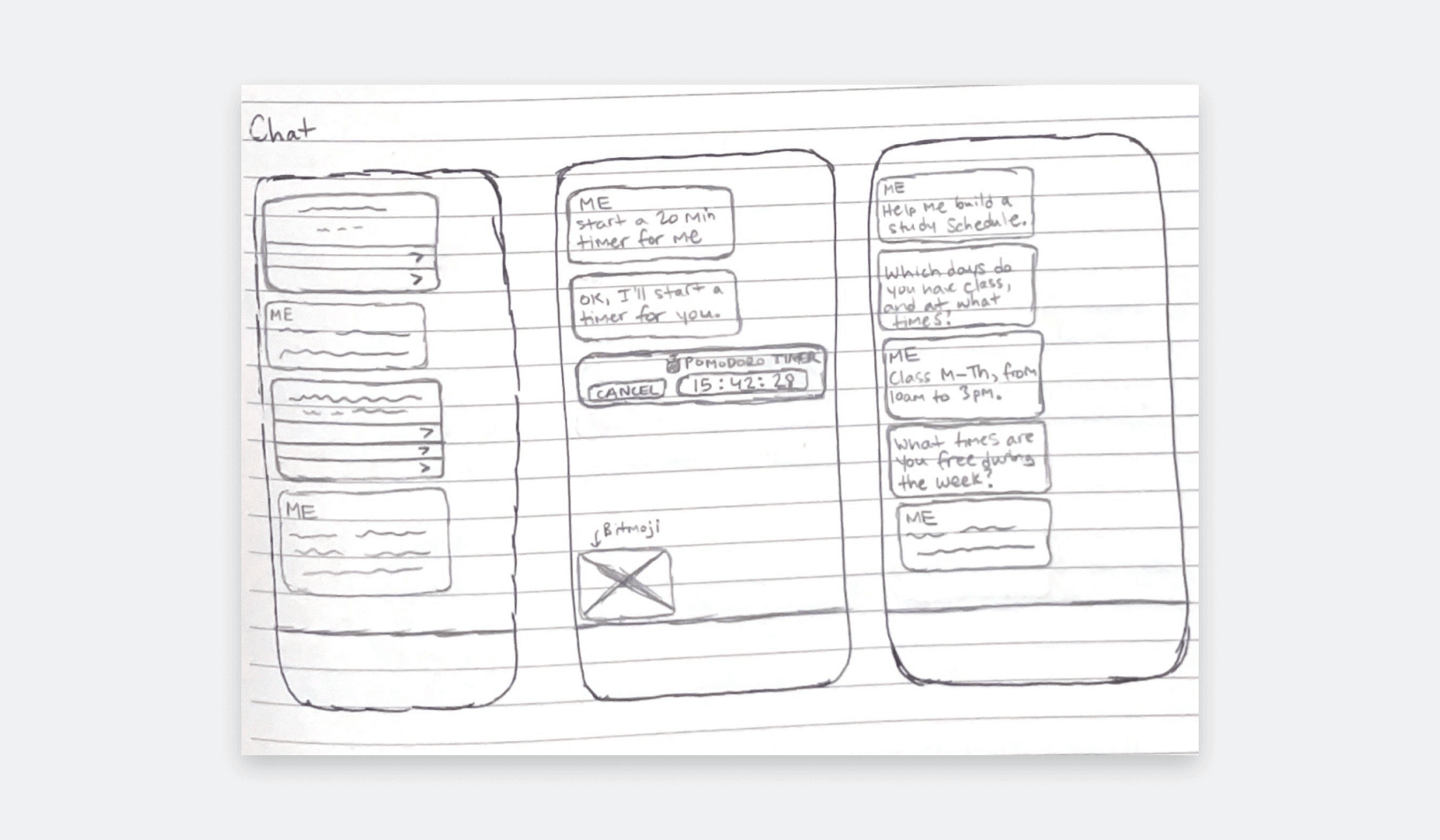 Photo of sketches I did when ideating our feature. The sketches show the Chat interface in Snapchat, and the user is talking to the AI education assistant. In one sketch, the user prompts the AI to set a Pomodoro Timer for them to help them study. In another sketch, the user asks the AI to help them make a study schedule.