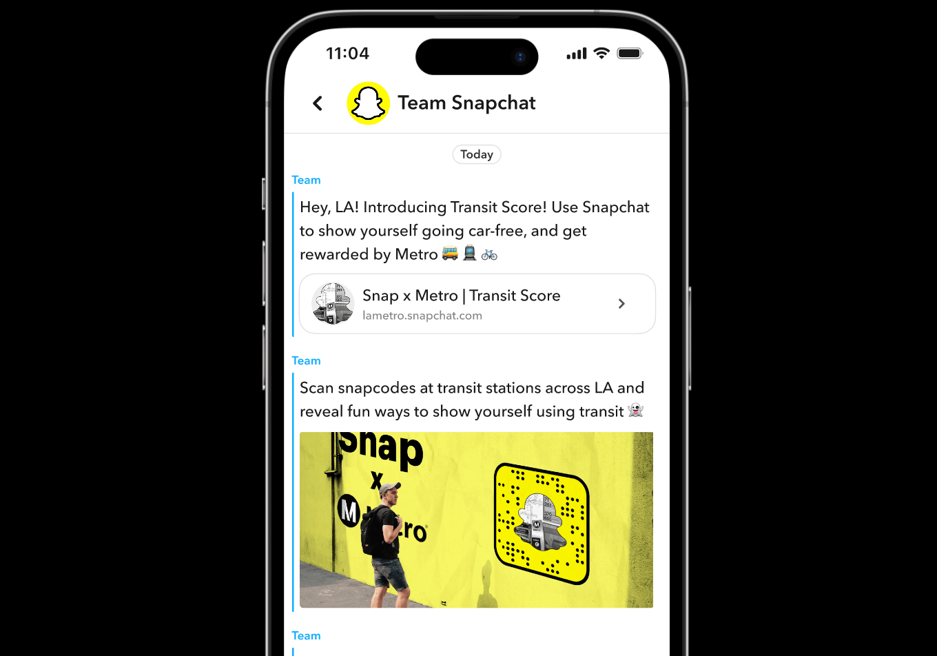 A mockup of a chat screen inside Snapchat. The screen shows the user receiving messages from Team Snapchat about a new feature called Transit Score made in collaboration with Metro. The message says users can use Snapchat to show themselves using transit around LA and receive special rewards from Metro. There is an image of a snap code placed on a wall with a person standing in front of it, and the user is informed about special Snapchat QR codes at transit stations.