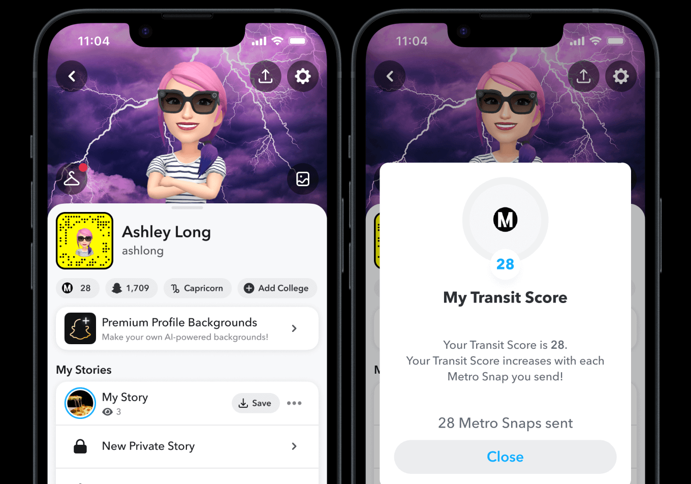 Two iPhone screens showing a Snapchat user's profile. The first screen shows that user Ashley Long has a Transit Score of 28. The second screen shows a modal that opens when the Transit Score is clicked; the modal simply shows the user how many Metro-branded snaps they've sent, as well as their transit score.