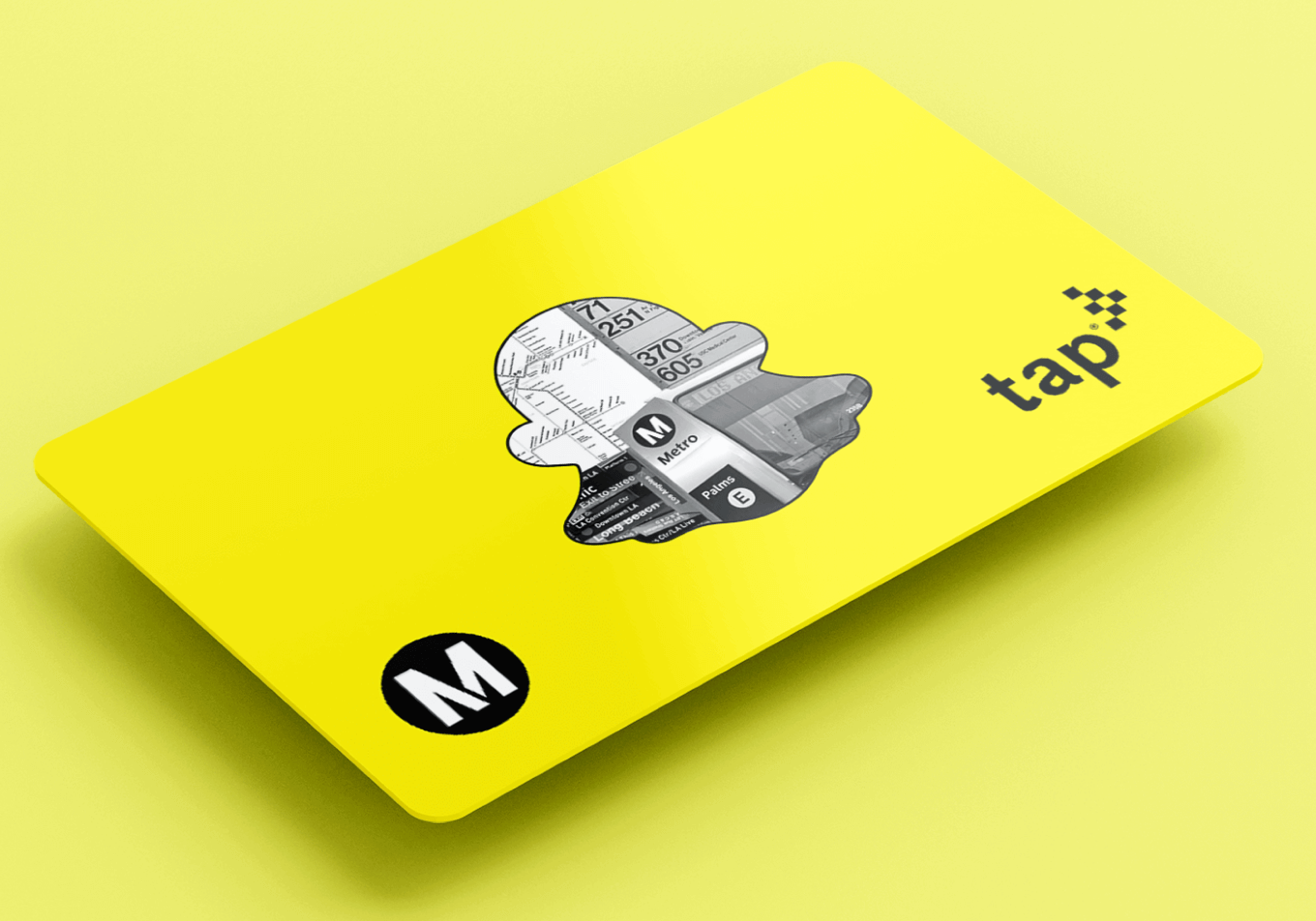 A mockup of a Metro transit card in collaboration with Snapchat. The card is Snap's company yellow color, with the company's ghost logo in the center. Inside the ghost is a black and white collage of photos that represent Metro, like bus stop signs and a transit map.