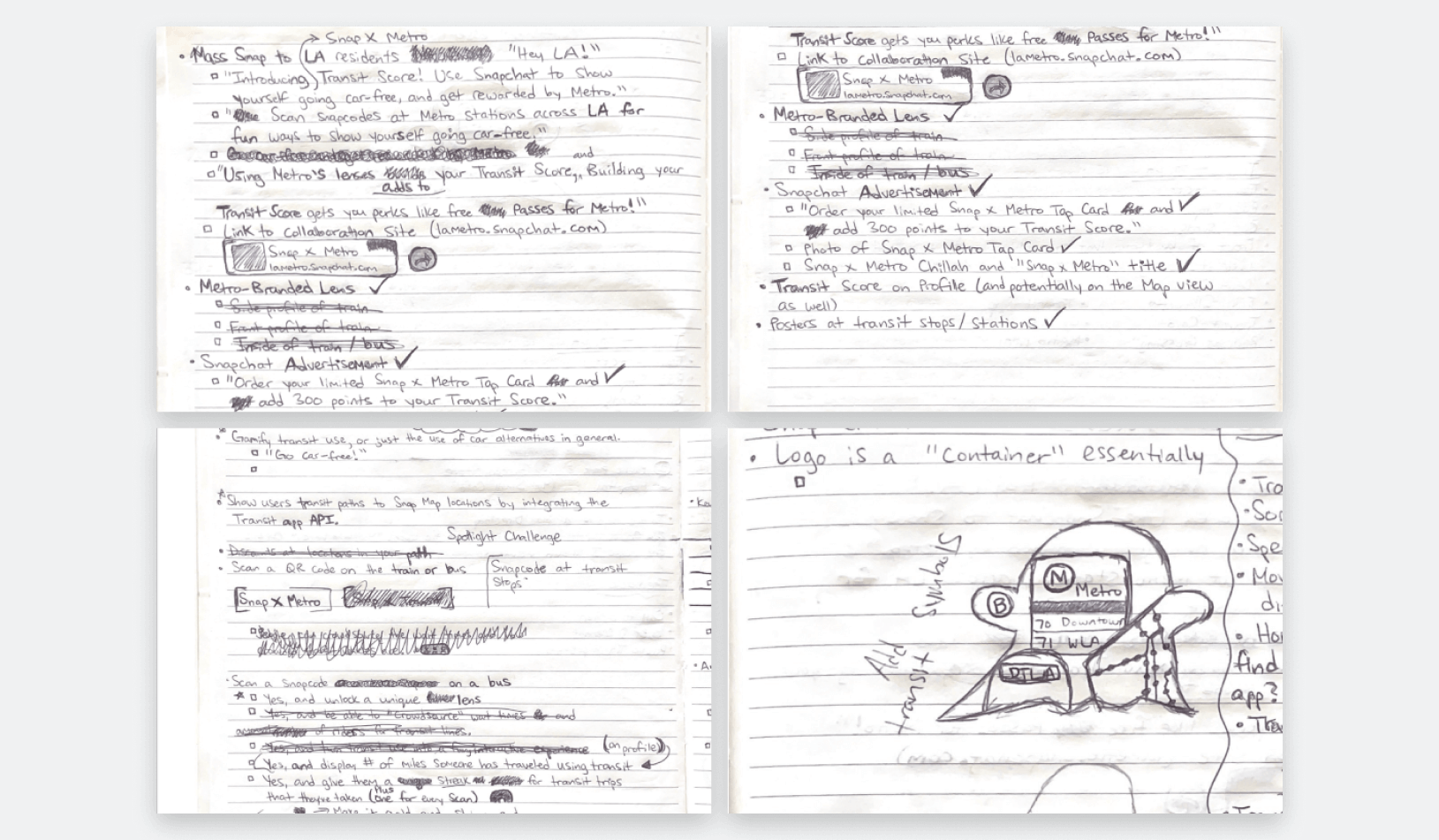 A collage of brainstorming notes. One panel shows my thoughts on how to promote the feature. One panel shows a list of some of my initial ideas for the feature, and one panel shows my sketch of a redesigned chillah ghost.